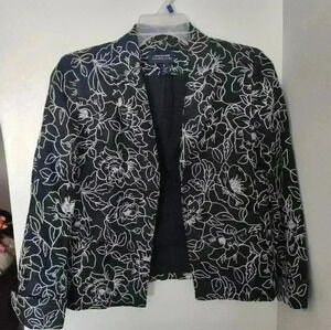 Jones New York Linen Floral Blazer Jacket Embroidered Black White size 6 (19)